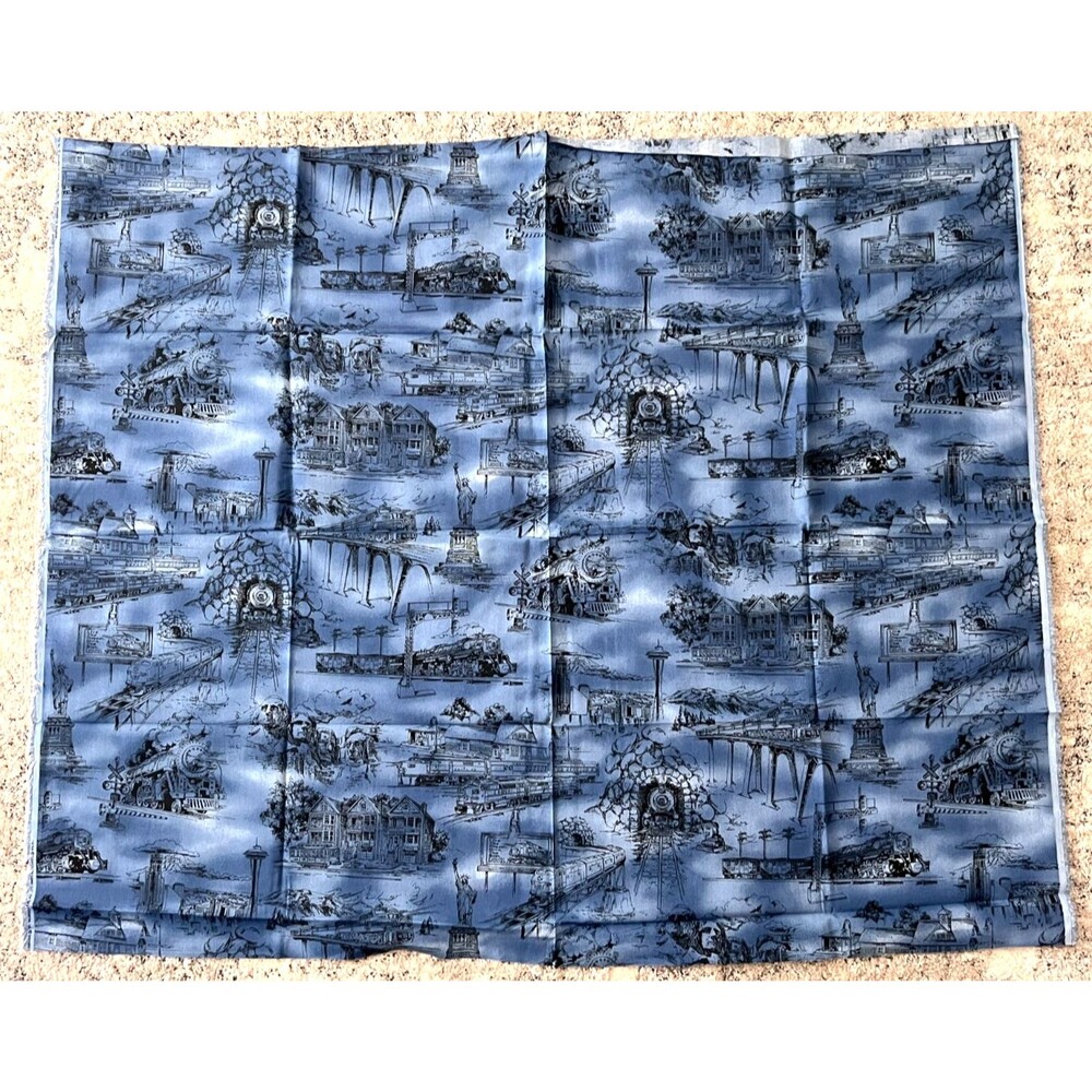 Vtg Lionel Trains Quilting Fabric Cotton 38" x 45" Blue Locomotives USA Travel